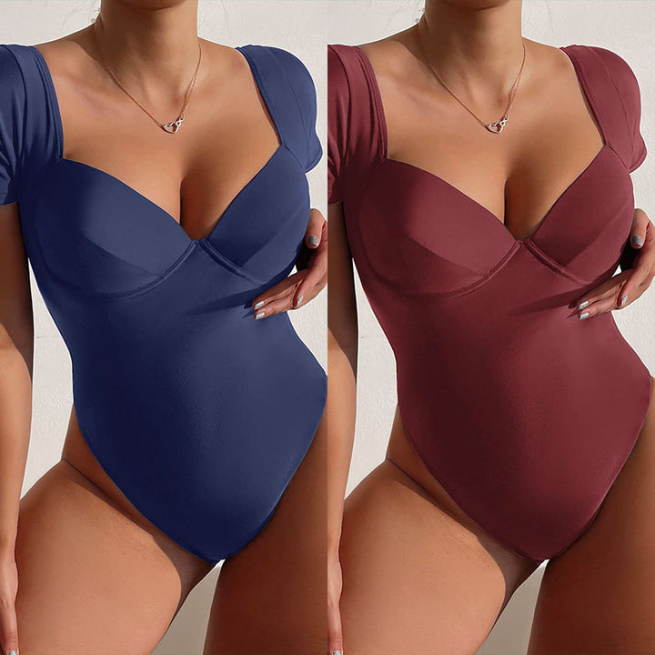Dame one-piece baddragt med elegant bustier-snit og korte ærmer Skovae