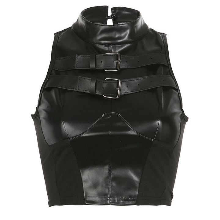 Dame trendy kunstlæder crop-top med justerbare spænder Skovae