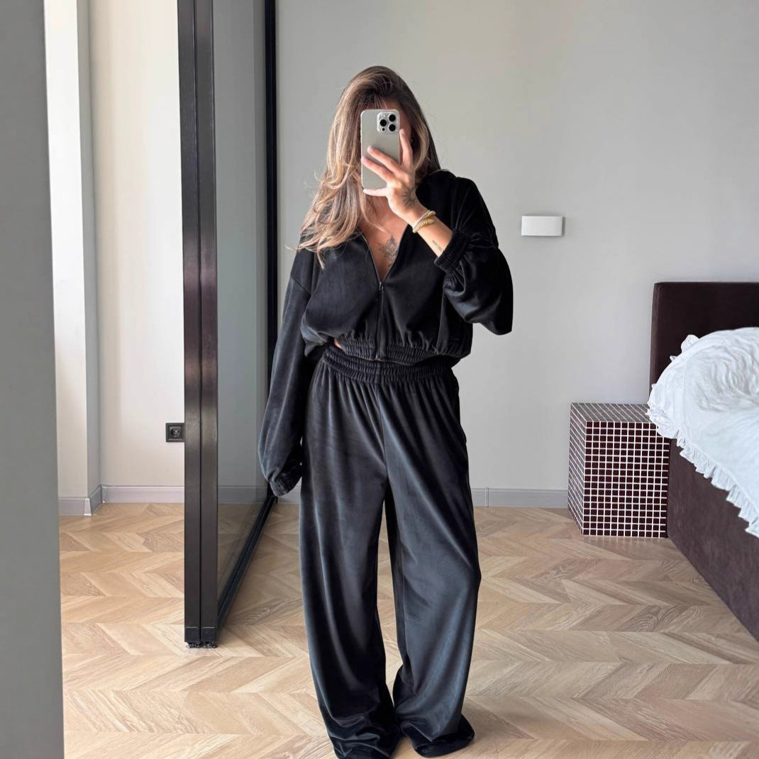 Dame velour joggingtøj med voluminøse ærmer Skovae
