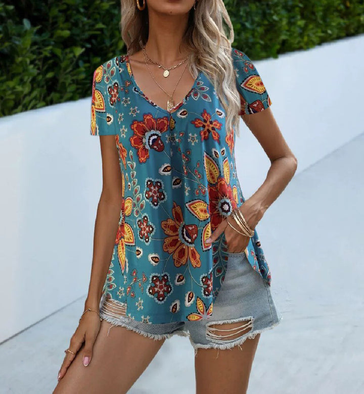 Dame lette kortærmet bluse med blomsterprint Skovae