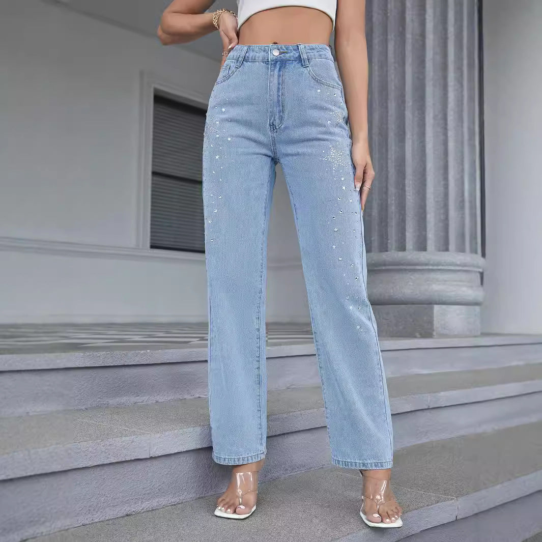 Dame fashionable High-Waist jeans med glitrende strassdetaljer Stilla