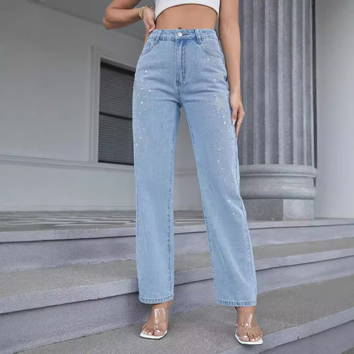Dame fashionable High-Waist jeans med glitrende strassdetaljer Stilla