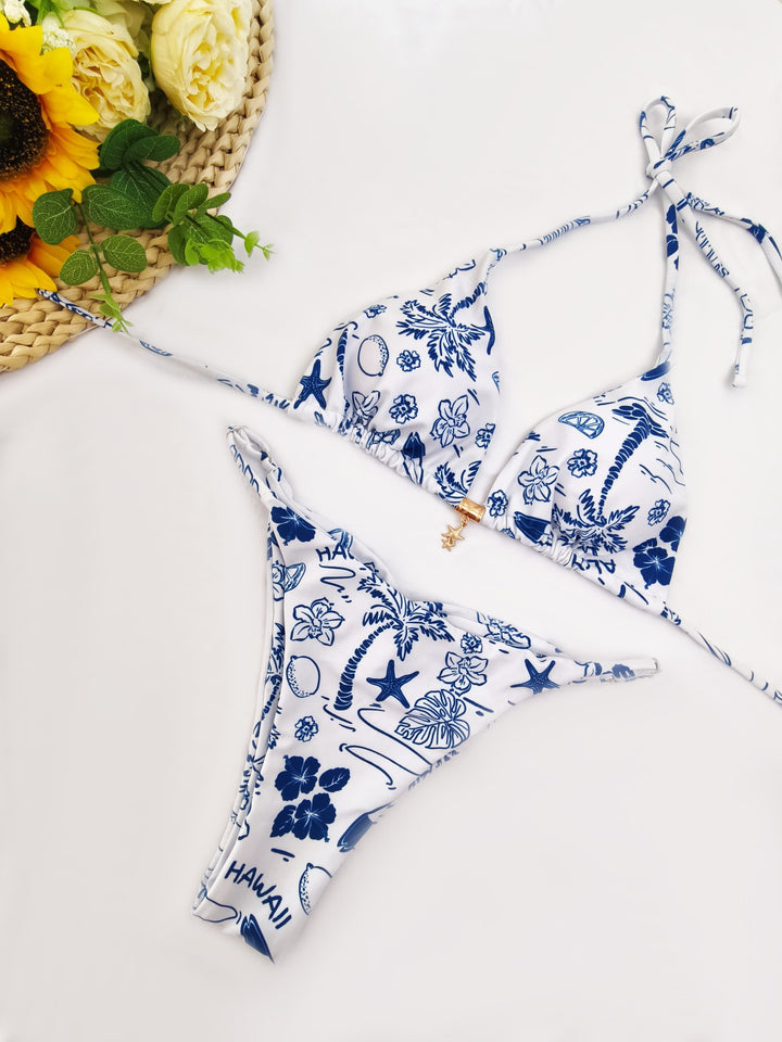Dame triangel-bikini med blomsterdesign og justerbare stropper Skovae