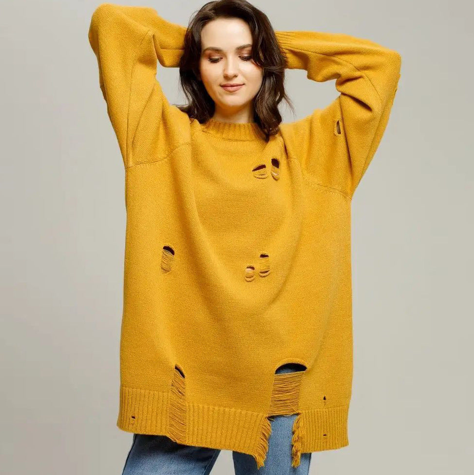 Dame Oversized Strikbluse med Frynser og Hul-Design Stilla