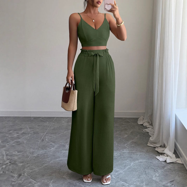Dame Højskåret Crop-Top og brede Bukser Sæt Stilla