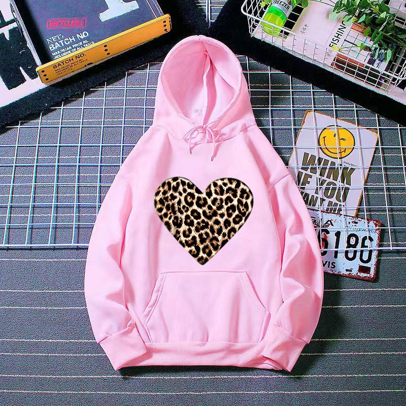 Dame hætte sweatshirt med hjerteformet leopardmønster Skovae