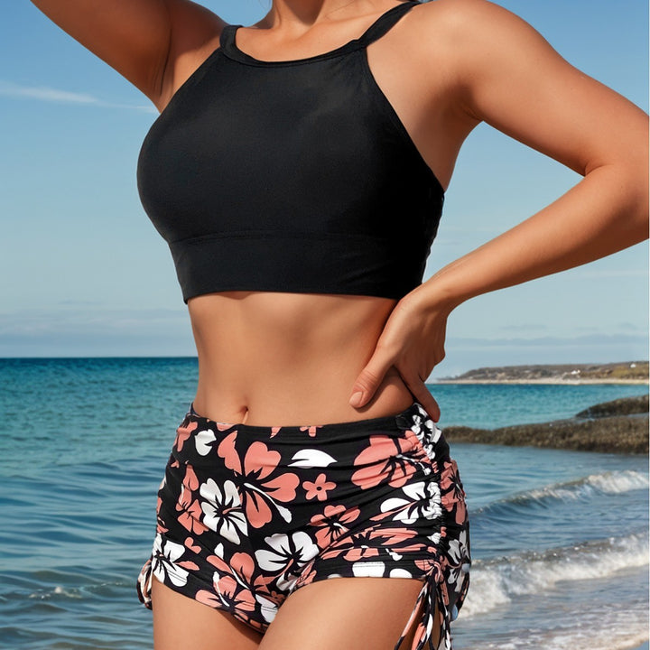 Dame Sporty bikini-sæt med højhalset top og rynket buks Skovae