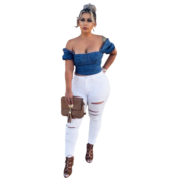 Dame cropped jeansbluse og skrå bukser Stilla