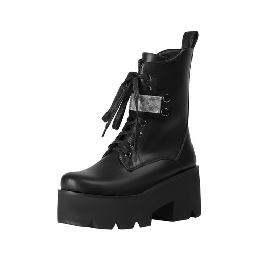 Femme Chunky Platform Snørebånd Kamp Støvler med Strass Accent Stilla