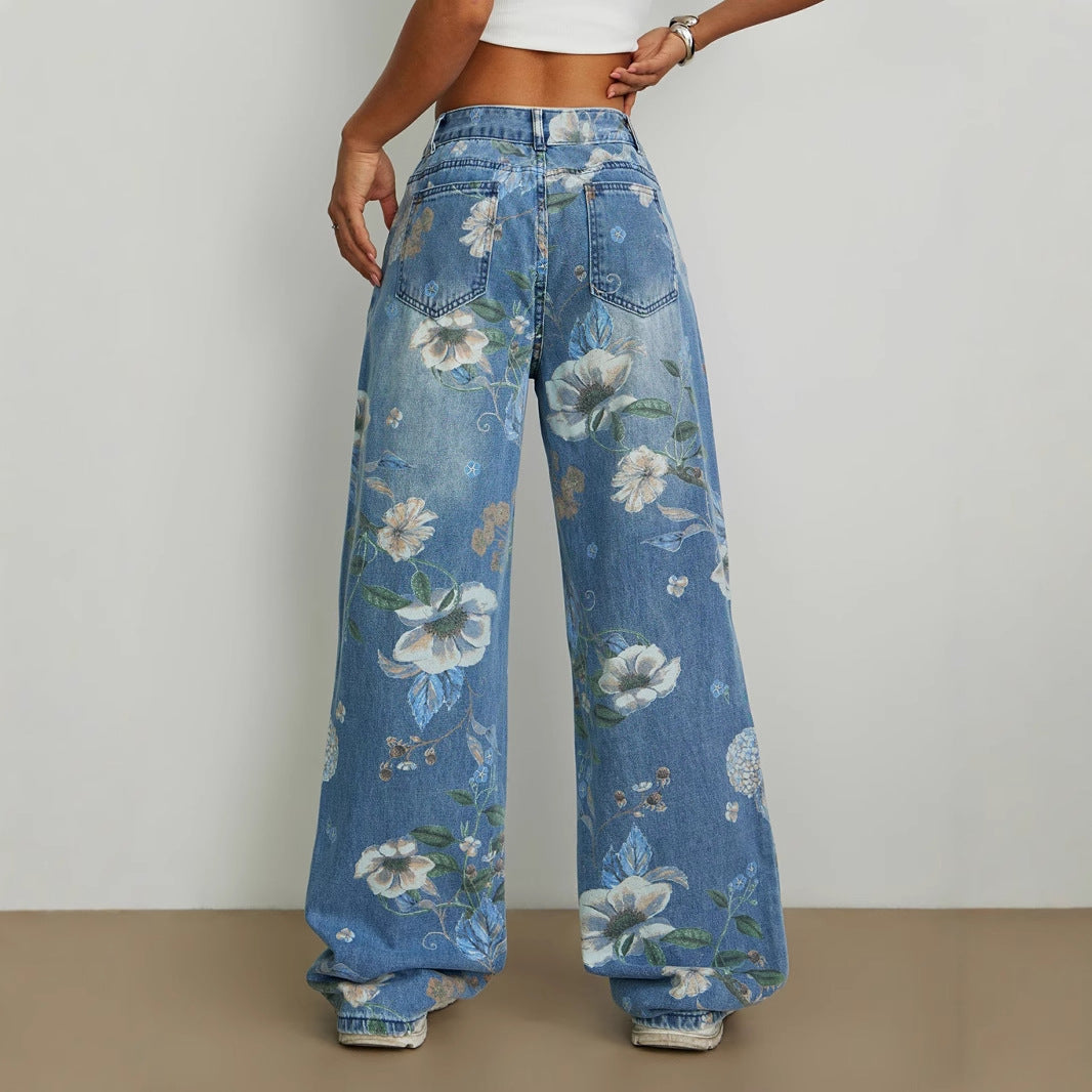 Kvinders brede jeans med blomstret design og høj talje Stilla