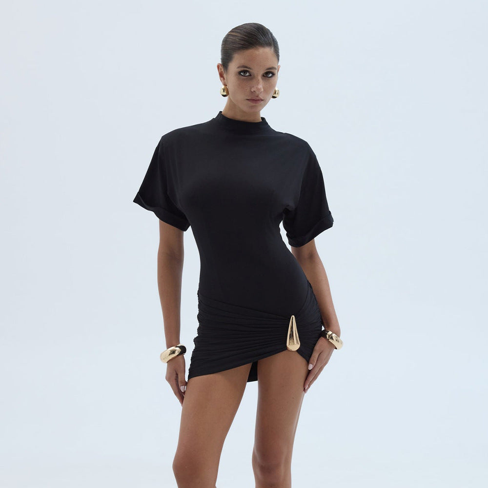 Dame Elegant Minikjole med høj krave og asymmetrisk flæsedesign Skovae