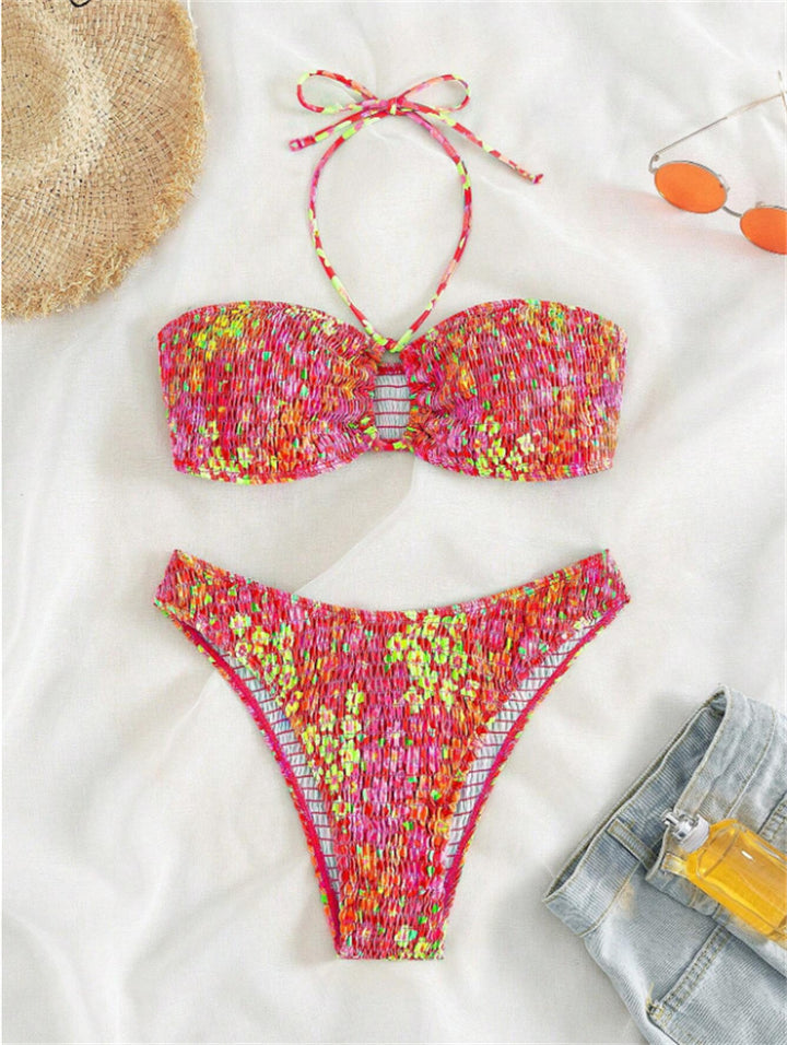 Dame Strapless Smocked Bikini Sæt med justerbare Bindebånd Stilla
