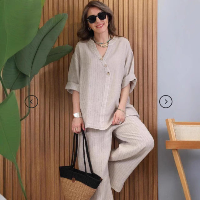 Dame Sommerlig Linnedbluse med brede Bukser Stilla