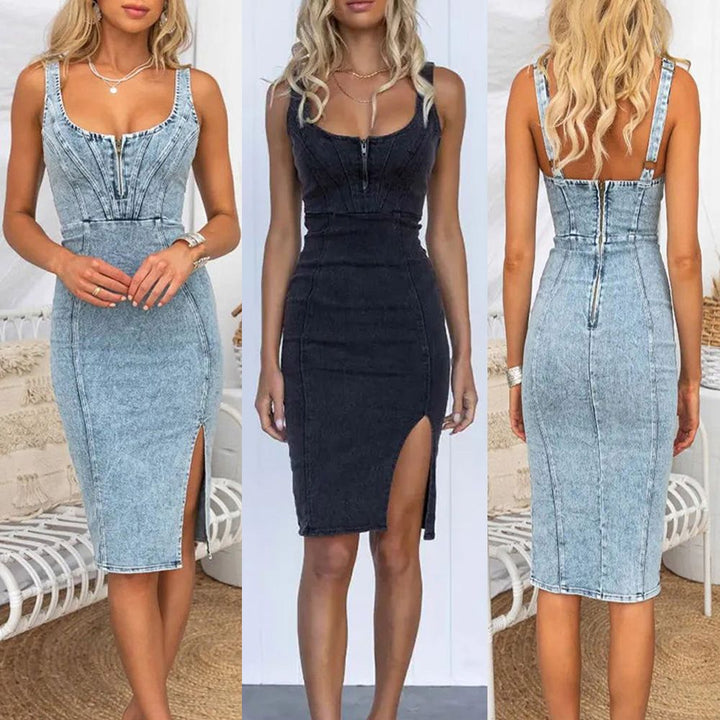 Femme Denim Bodycon Kjole med front slids detalje Stilla