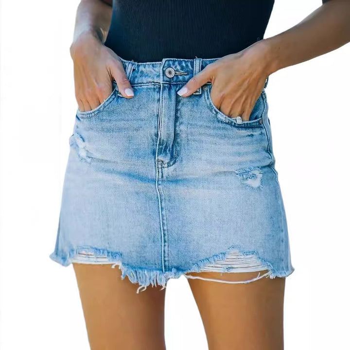 Dame denim nederdel i afslappet slidte udseende med frynsekanter Skovae