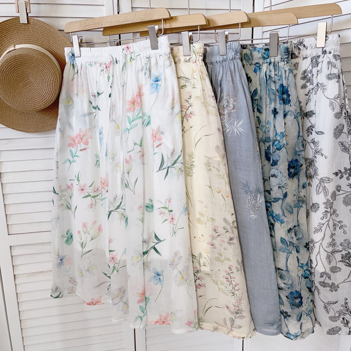 Dame Floral Print Midi Skirt med elastisk talje Stilla