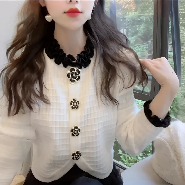 Dame Elegant Cardigan med Blomster Accent Stilla