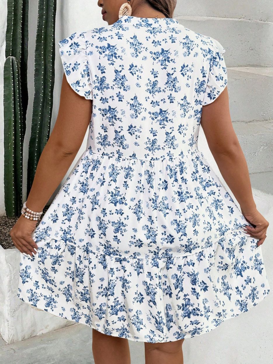 Femme Floral Ruffle Knaplukning Kjole Stilla