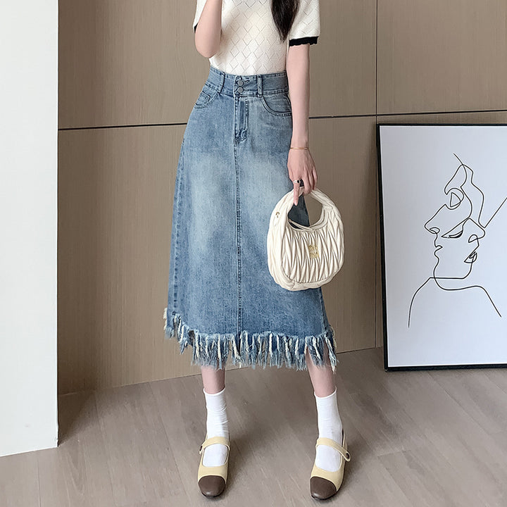 Kvindernes denim midi nederdel med frynset nederste Stilla