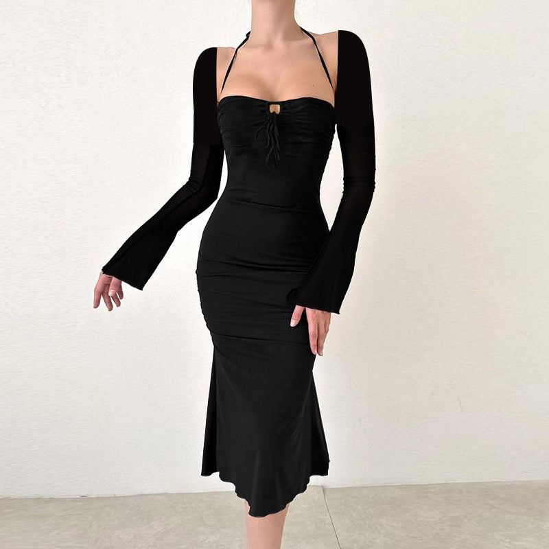 Damer Figur-Flat Maxi Kjole med Stilfuld Snøring og Elegante Ærmer Skovae