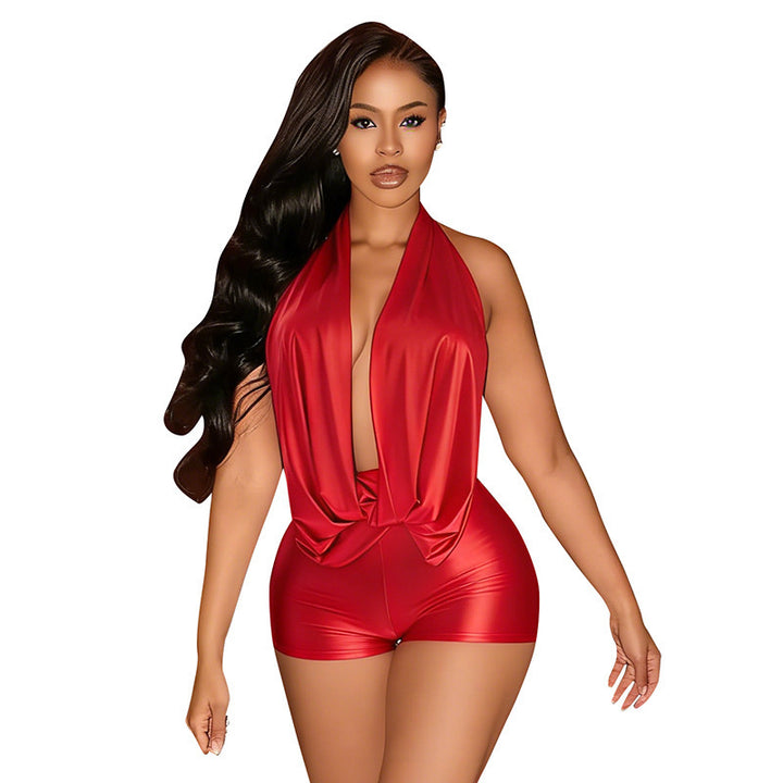 Damen Jumpsuit mit tiefem V-Ausschnitt und elegantem Bindedetail Skovae