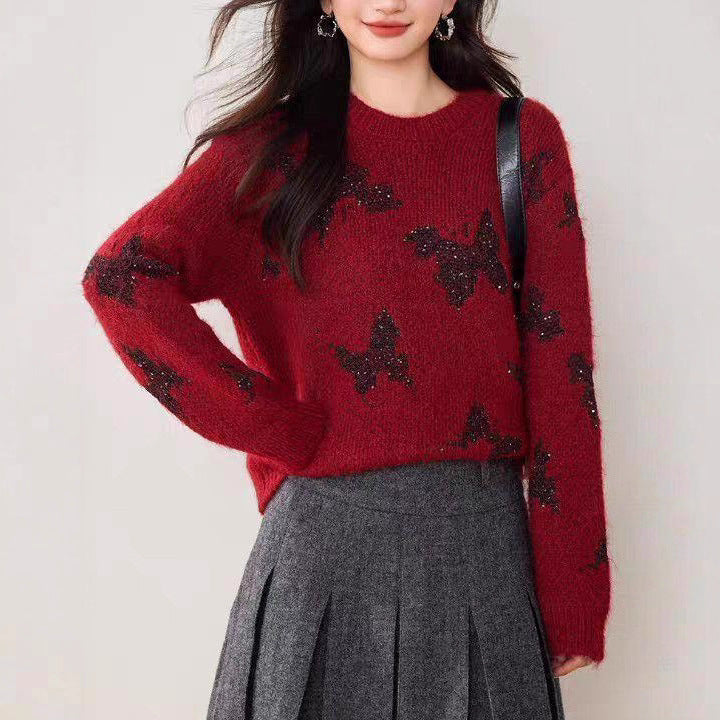 Kvinders stilfulde strikket sweater med funklende sommerfugle-applikationer Stilla
