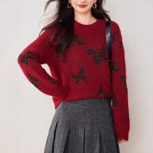 Kvinders stilfulde strikket sweater med funklende sommerfugle-applikationer Stilla