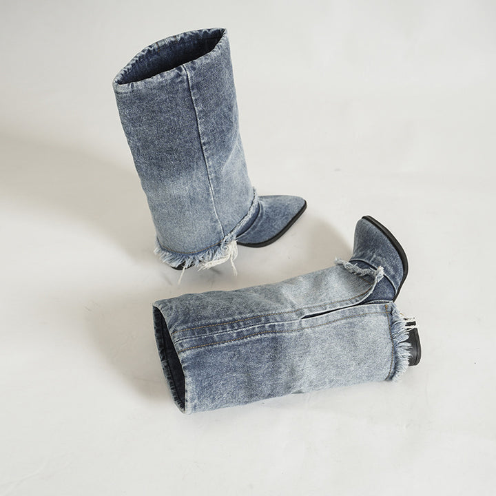 Dame mode jeansstøvler med frynset design og elegant blokhæl Stilla