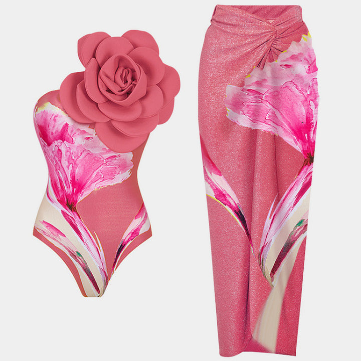 Dame Onepiece Badedragt med blomsterdesign og elegant omslagsskirt Skovae