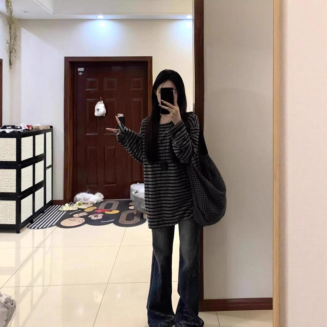 Dame Casual Stribet Oversized Skjorte med Brede Ærmer Stilla