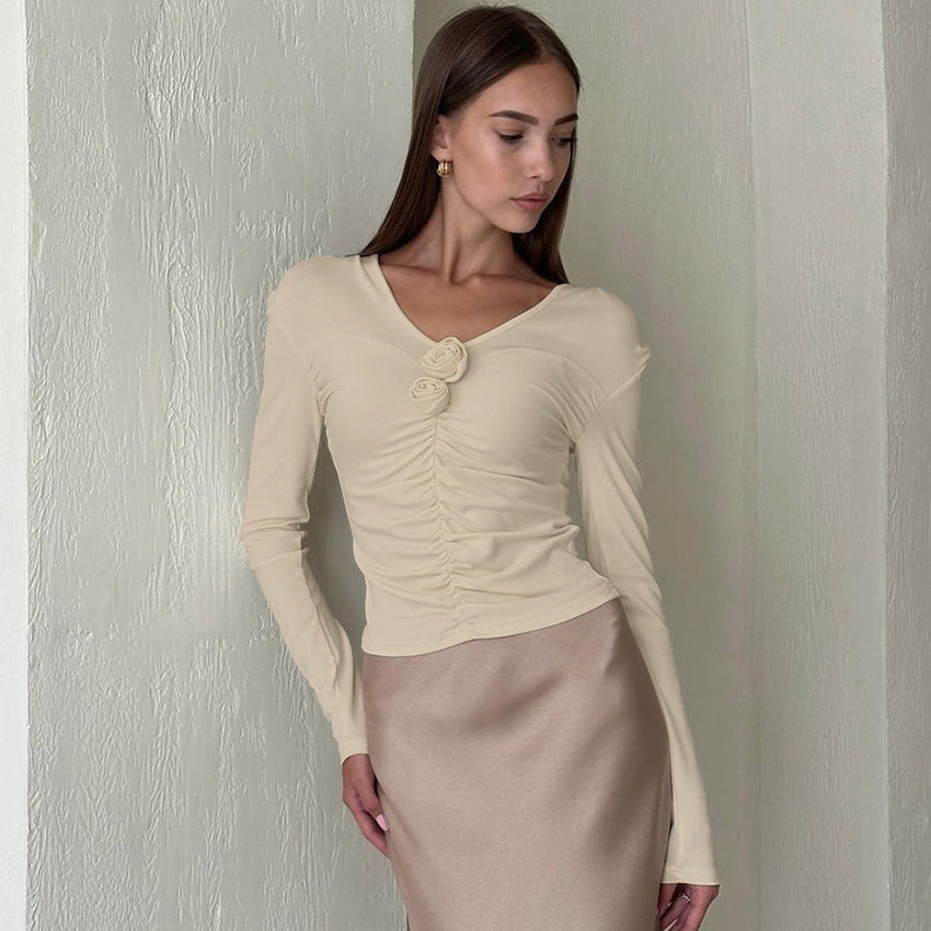 Dame Langærmet skjorte med flæse detaljer og elegant knap dekoration Stilla