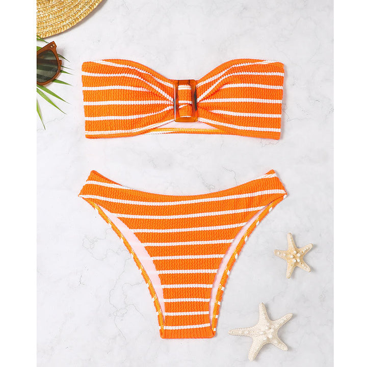Dame Stribet Bandeau Bikini-Sæt med Dekorativ Spænde Stilla