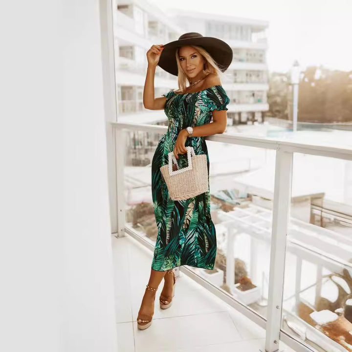 Dame Off-Shoulder Maxi Kjole med tropisk blad Stilla