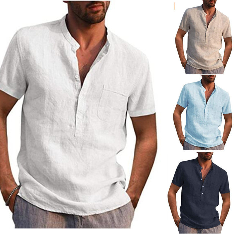 Herrer linned skjorte med Henley-krave og brystlomme Stilla