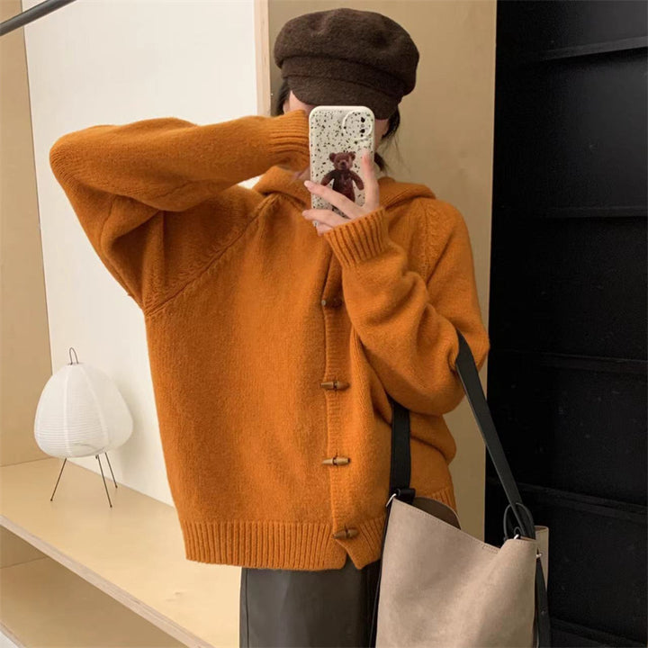 Kvindernes komfortable cardigan med hætte og detaljer med træknapper Stilla