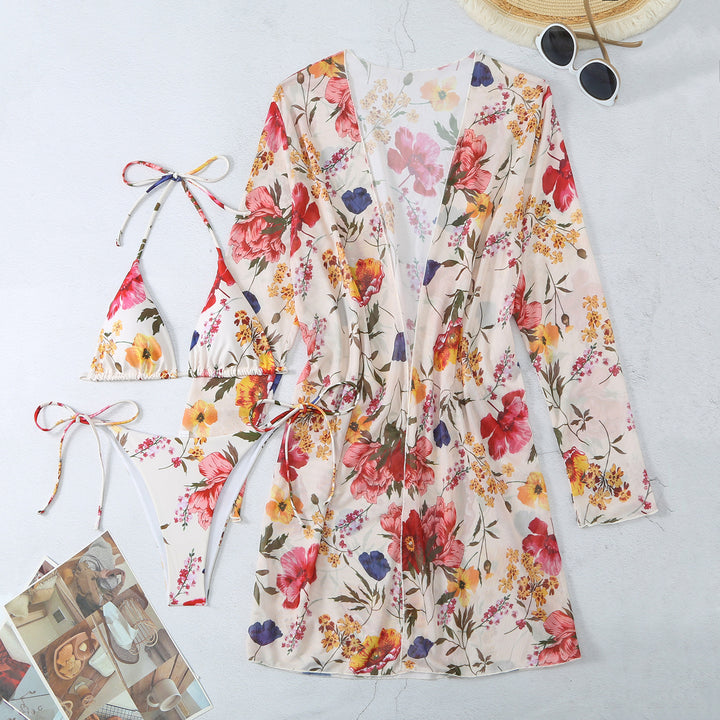 Dame badetøj sæt med floral kimono og moderigtig triangel bikini Stilla