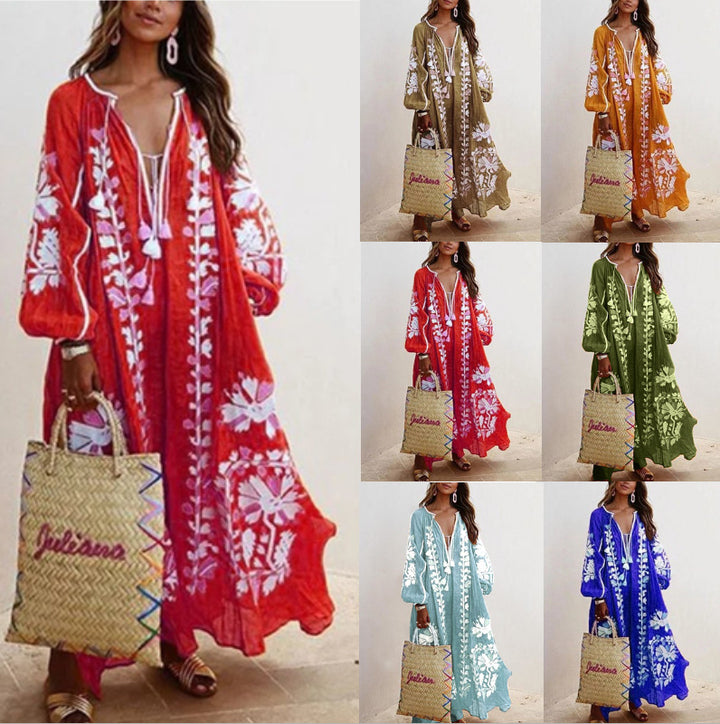 Dame Lang Kaftan med blomster broderi og luftige ærmer Stilla
