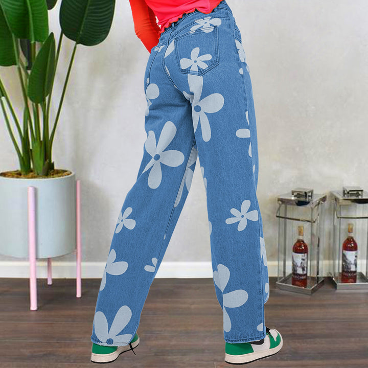 Dame brede jeans i retro-inspireret blomstermønster med høj talje Stilla