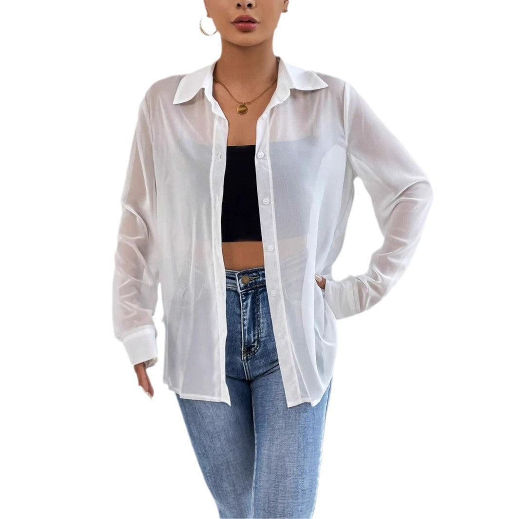 Dame afslappet transparent bluse med knaplukning og manchetter Stilla