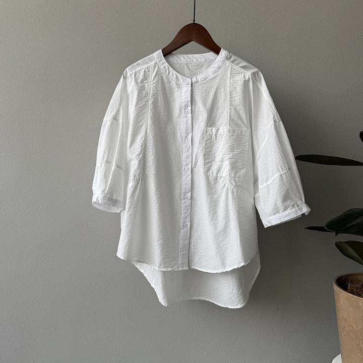 Dame afslappet langærmet blouse med knapbar udskæring og brystlomme Stilla