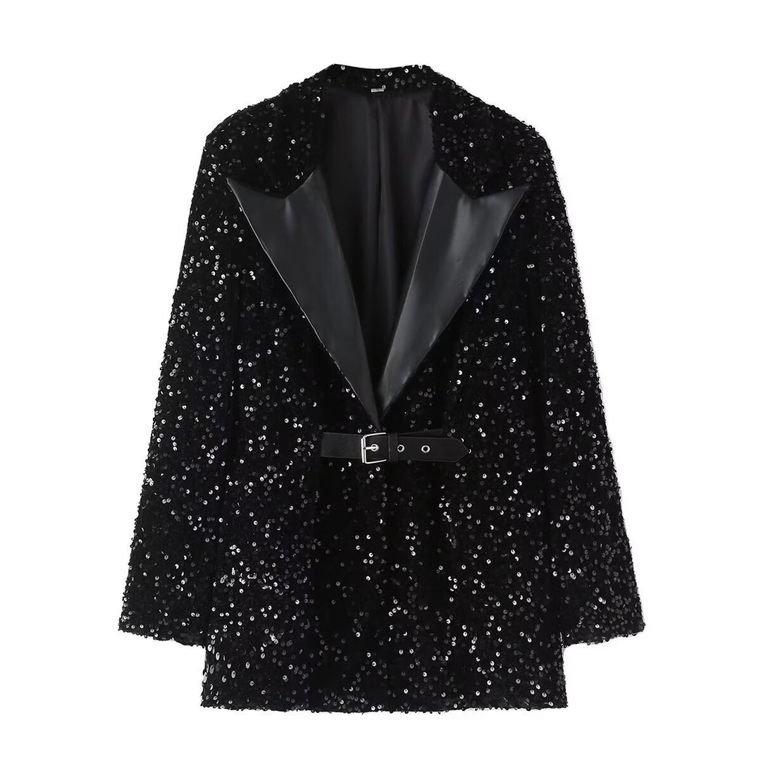 Femme Paillettenbesat Blazer med Bælte Stilla