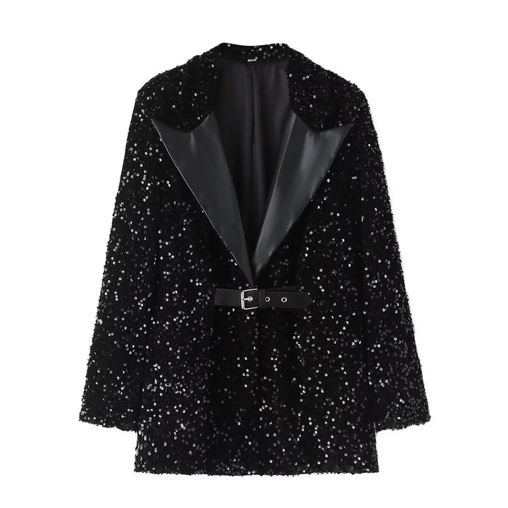 Femme Paillettenbesat Blazer med Bælte Stilla