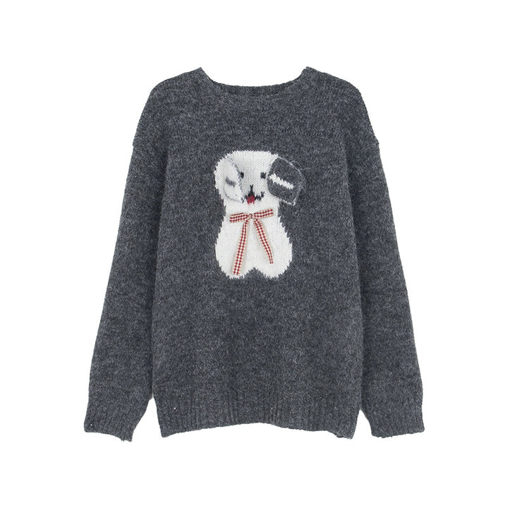 Dame hyggelig sweater med sødt kaninmotiv og flæsedetaljer Stilla