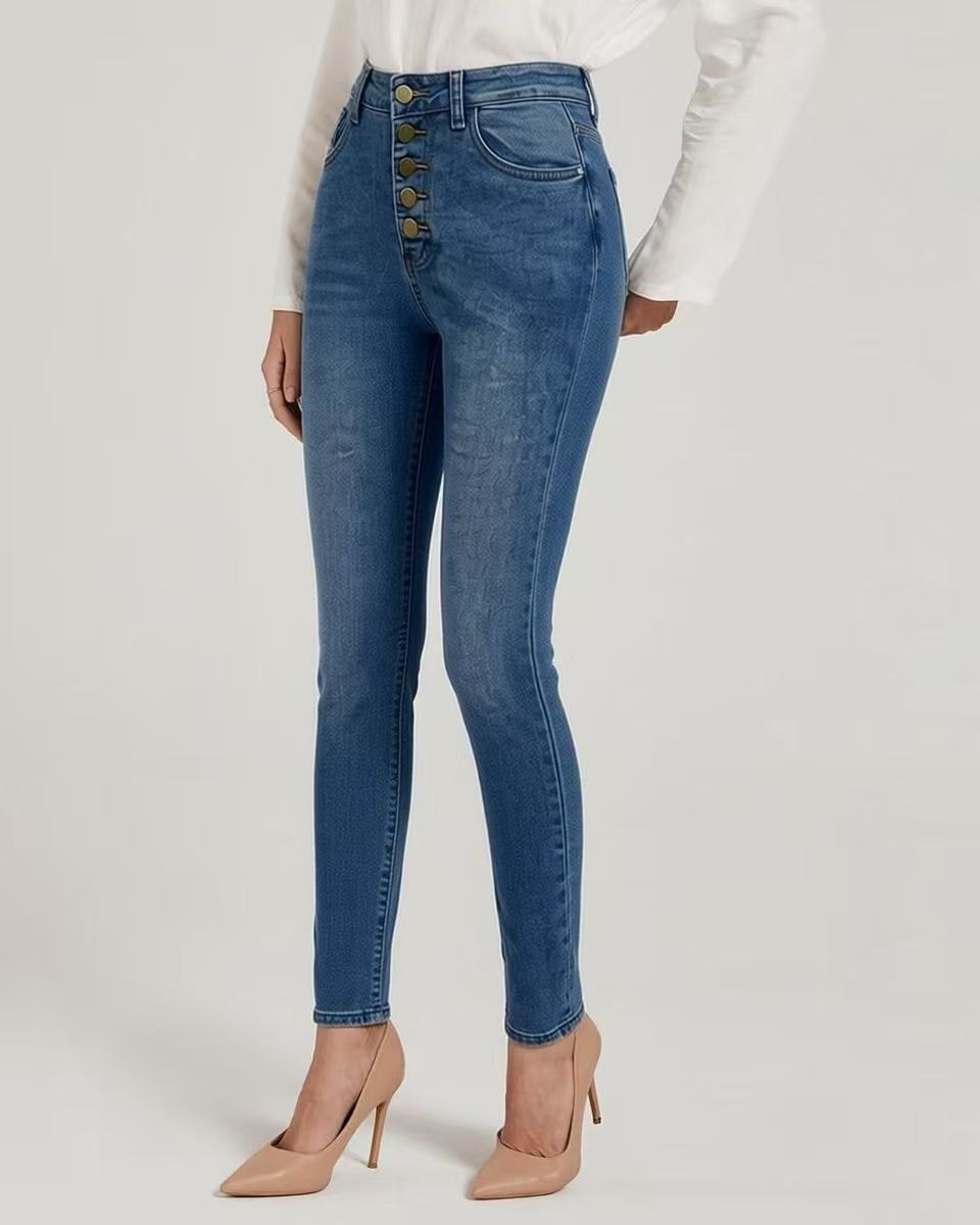 Dame Slim-Fit Jeans med elegant knaplukning og høj talje Skovae