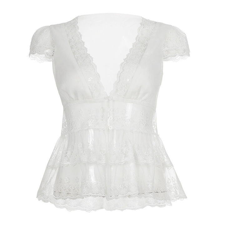 Damen Spitzenbluse mit Rüschendetails und tiefem V-Ausschnitt Skovae