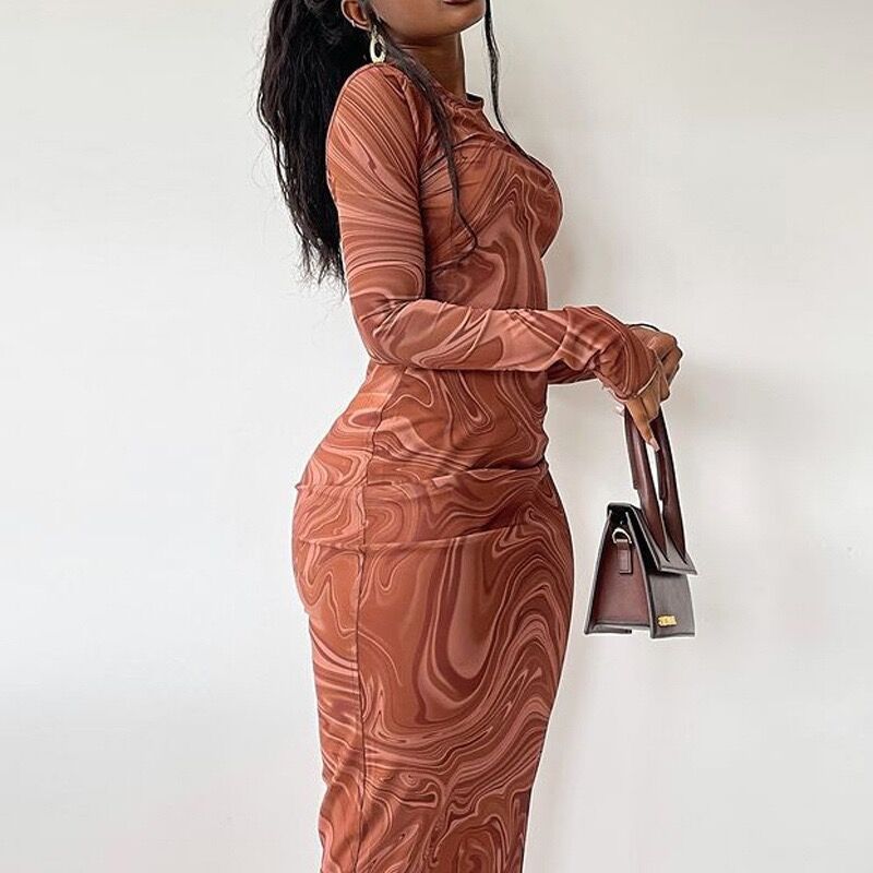 Dame Langærmet Bodycon Kjole med kunstnerisk Marmorprint Stilla