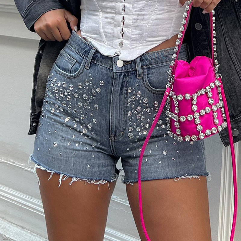 Dame Designer-shorts med funkende strass-stene og frynset kant Skovae