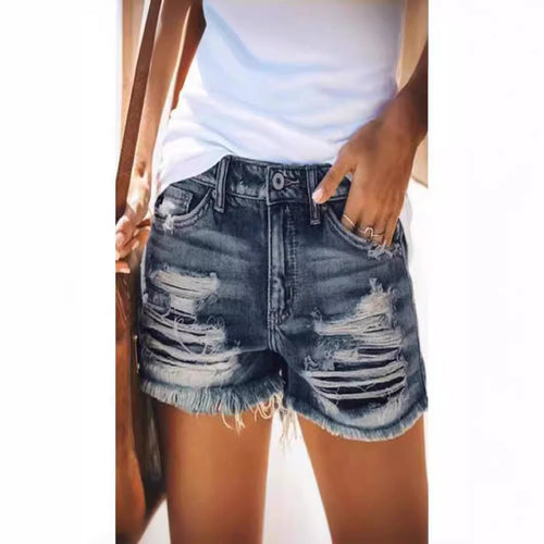 Dame trendy Destroyed Denim-shorts med frynsede kanter og fashionable huldetaljer Skovae
