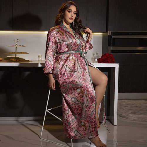 Dame Satin Kimono-Kjole med elegant Paisley-mønster og taljebælte Stilla