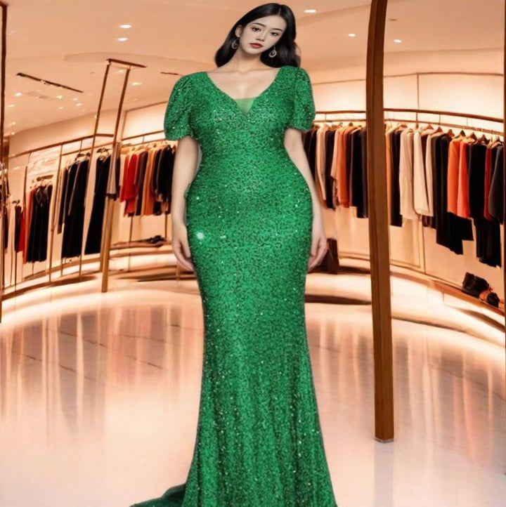 Dame Elegant Paillet Aftenkjole med tætsiddende silhuet og dyb V-udskæring Stilla